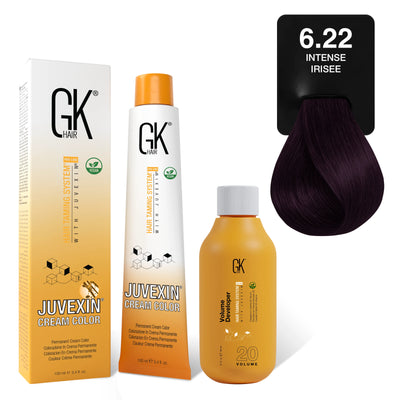 GK Hair's Juvexin 6.22 Intense Irisee Cream Color product set including Volume Developer.