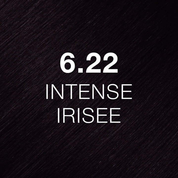 Juvexin Cream Color shade 6.22 Intense Irisee by GK Hair, deep violet-black hair texture labeled in white