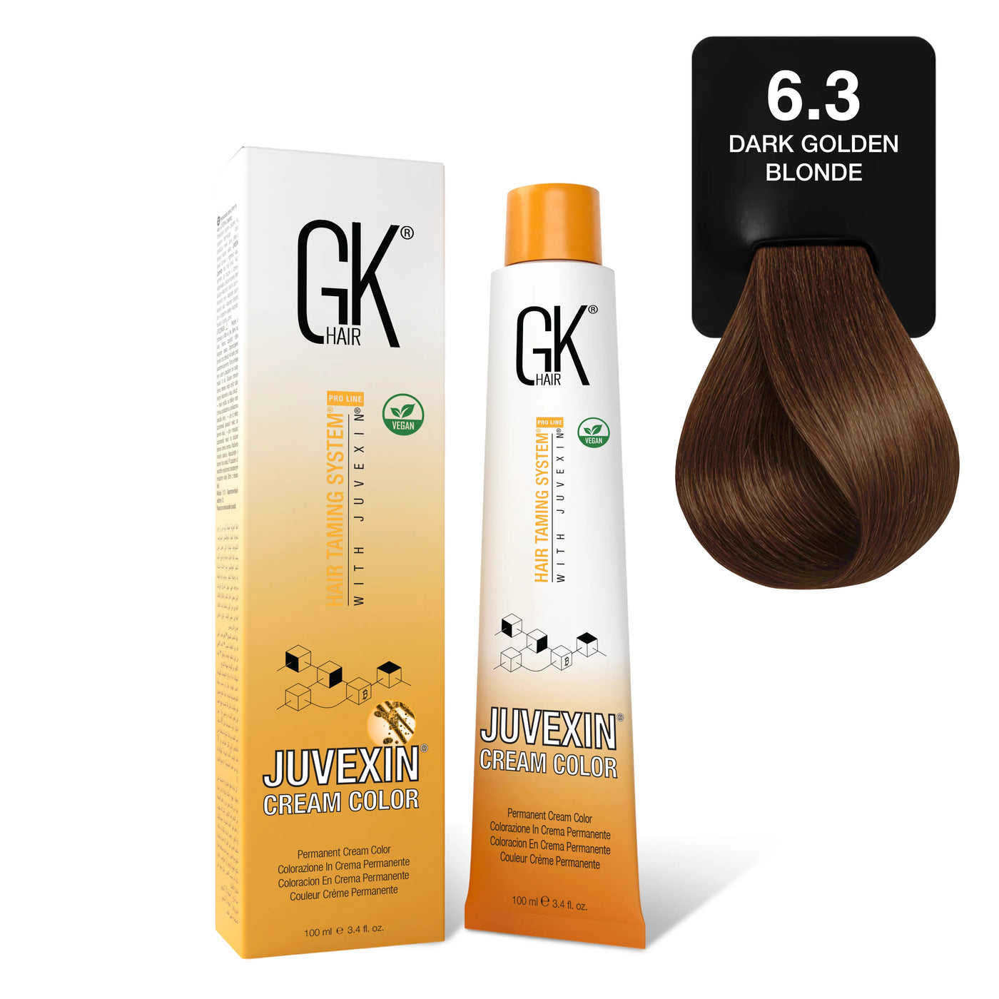 GK Hair's Juvexin 6.3 Dark Golden Blonde Cream Color product set.