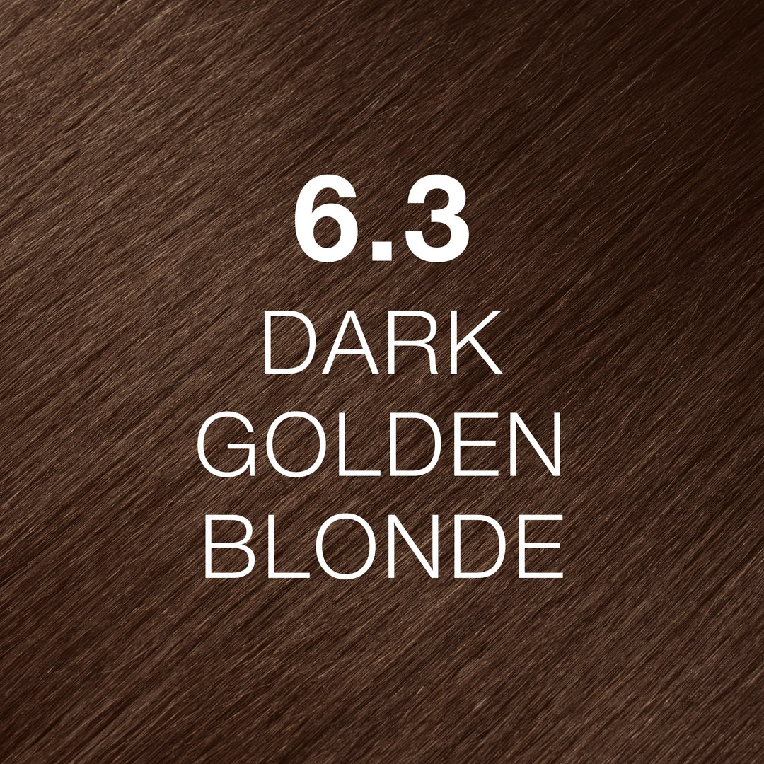 Juvexin Cream Color shade 6.3 Dark Golden Blonde by GK Hair, glossy warm golden-brown hair texture, white lettering