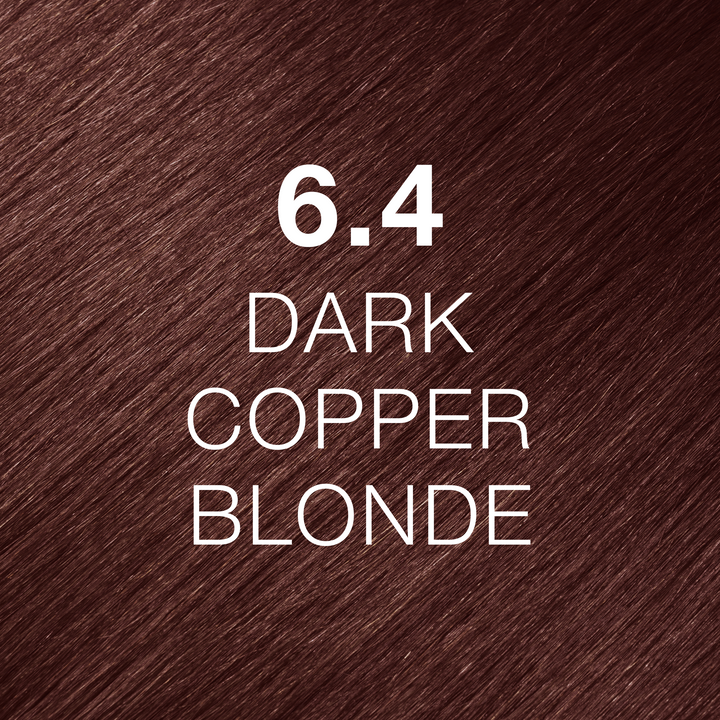 GK Hair Juvexin Cream Color swatch 6.4 Dark Copper Blonde, warm reddish copper-brown hair texture labeled in white