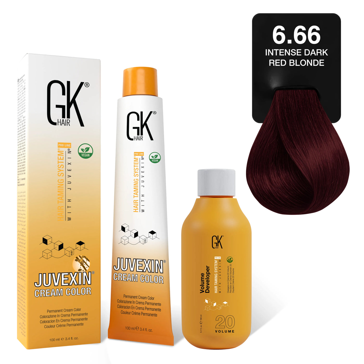 GK Hair's Juvexin 6.66 Intense Dark Red Blonde Cream Color product set including Volume Developer.