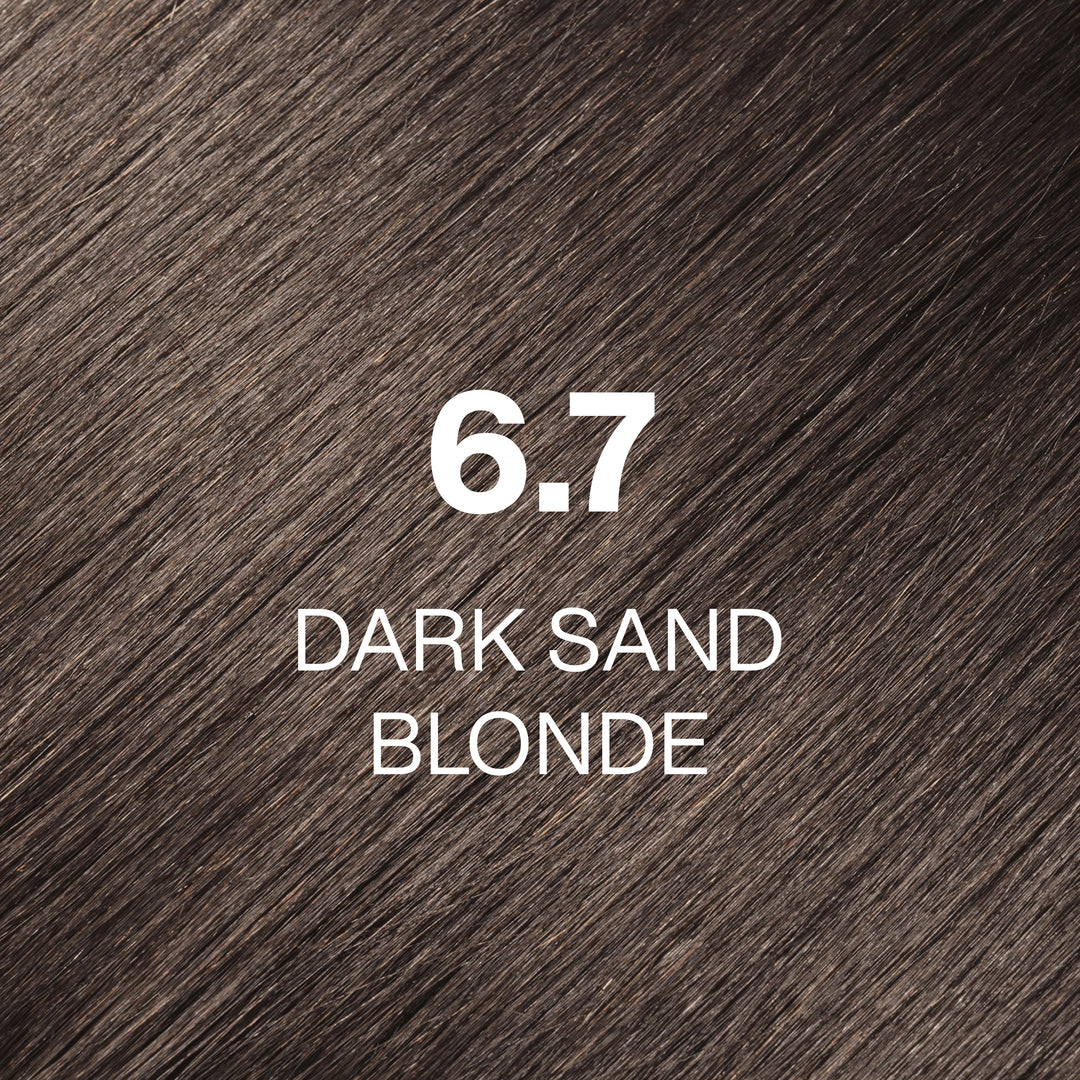 GK Hair Juvexin Cream Color swatch 6.7 Dark Sand Blonde, medium neutral sandy-brown hair texture labeled in white