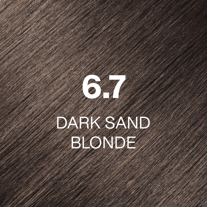 GK Hair Juvexin Cream Color swatch 6.7 Dark Sand Blonde, medium neutral sandy-brown hair texture labeled in white