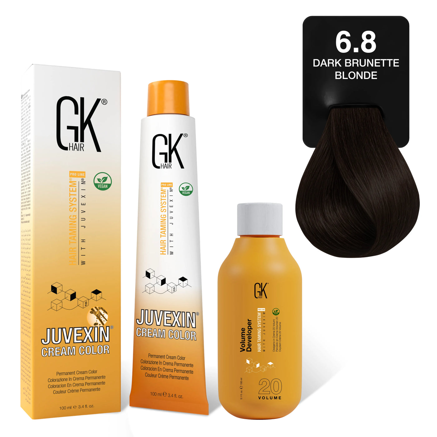 GK Hair's Juvexin 6.8 Dark Brunette Blonde Cream Color product set including Volume Developer.
