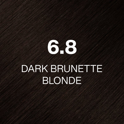 Silky hair texture showcasing the GK Hair's Juxevin Cream Color "6.8 Dark Brunette Blonde" in bold white text.