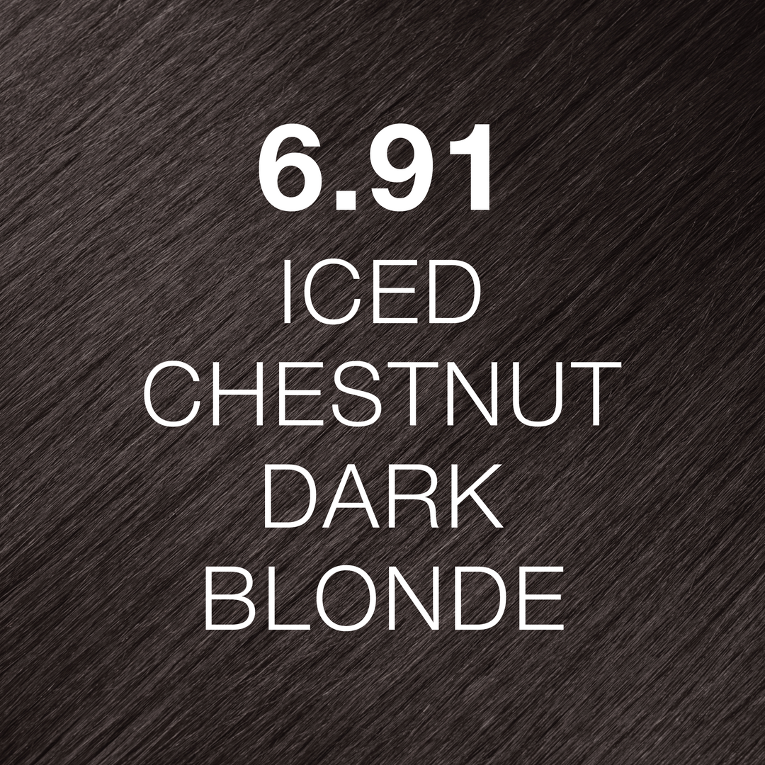 GK Hair Juvexin Cream Color swatch 6.91 Iced Chestnut Dark Blonde, cool gray-brown hair texture labeled in white