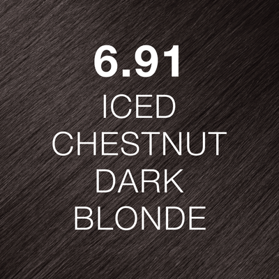 Silky hair texture showcasing the GK Hair's Juxevin Cream Color "6.91 Iced Chestnut Dark Blonde" in bold white text.