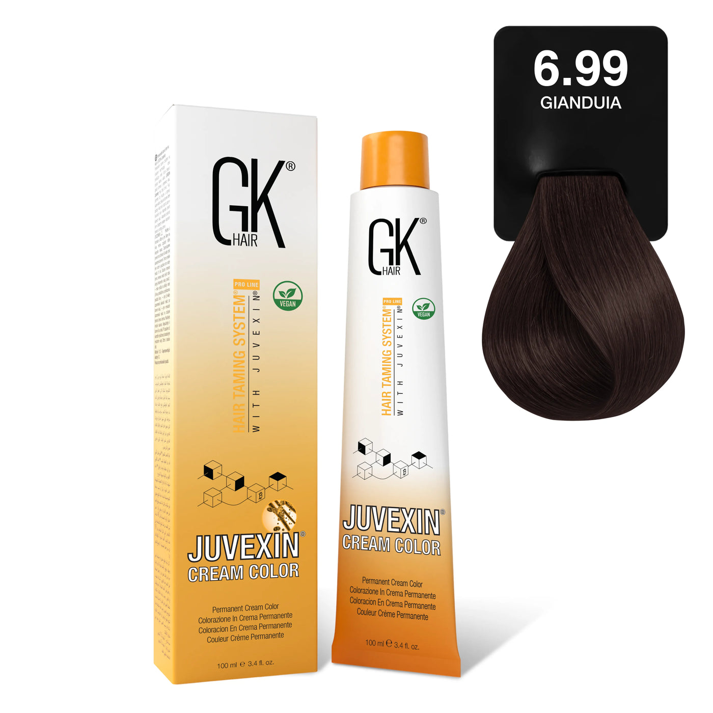 GK Hair's Juvexin 6.99 Gianduia Cream Color product set.