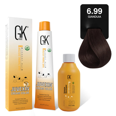 GK Hair's Juvexin 6.99 Glandula Cream Color product set including Volume Developer.