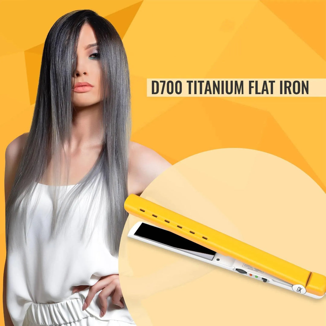 GK Hair D700 Titanium Flat Iron banner: model with long straight black-to-gray ombre hair beside the yellow and white iron