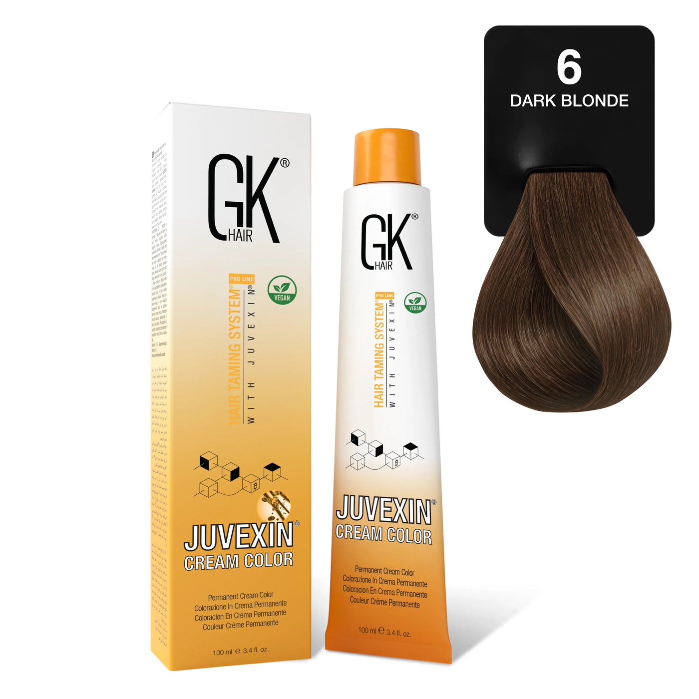 GK Hair's Juvexin 6 Dark Blonde Cream Color product set including Volume Developer
