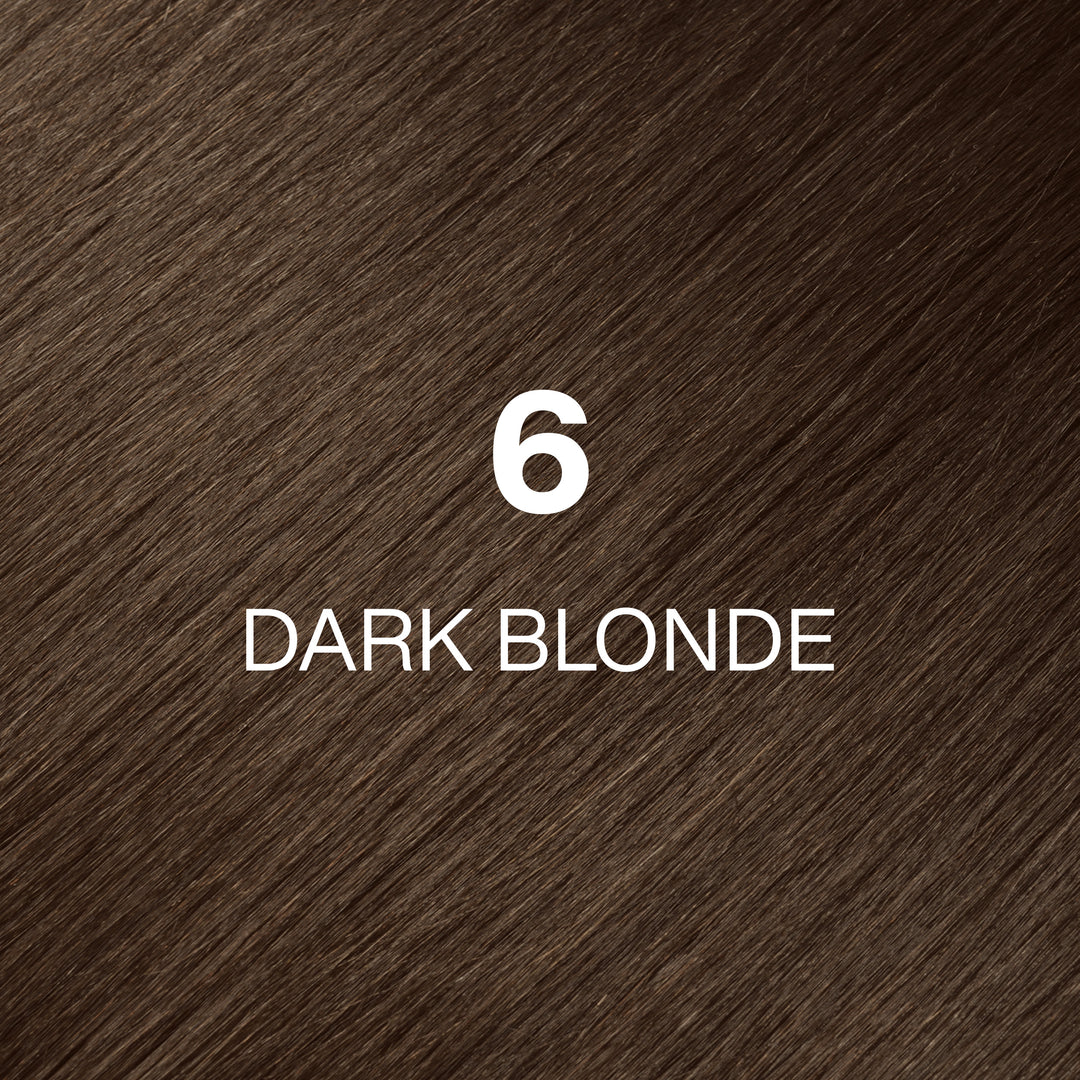GK Hair Juvexin Cream Color 6 Dark Blonde hair color swatch, warm medium golden-brown hair texture, name in white