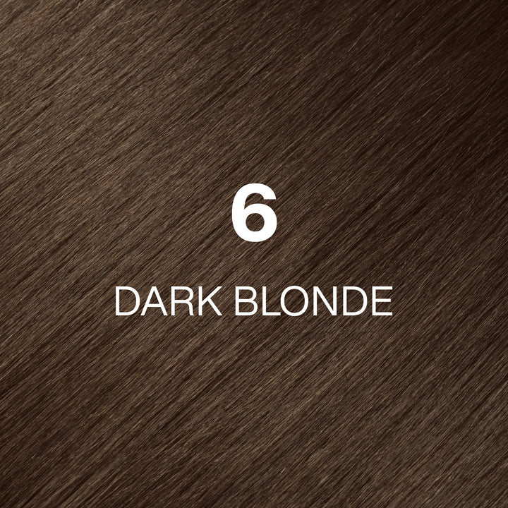 GK Hair Juvexin Cream Color 6 Dark Blonde hair color swatch, warm medium golden-brown hair texture, name in white