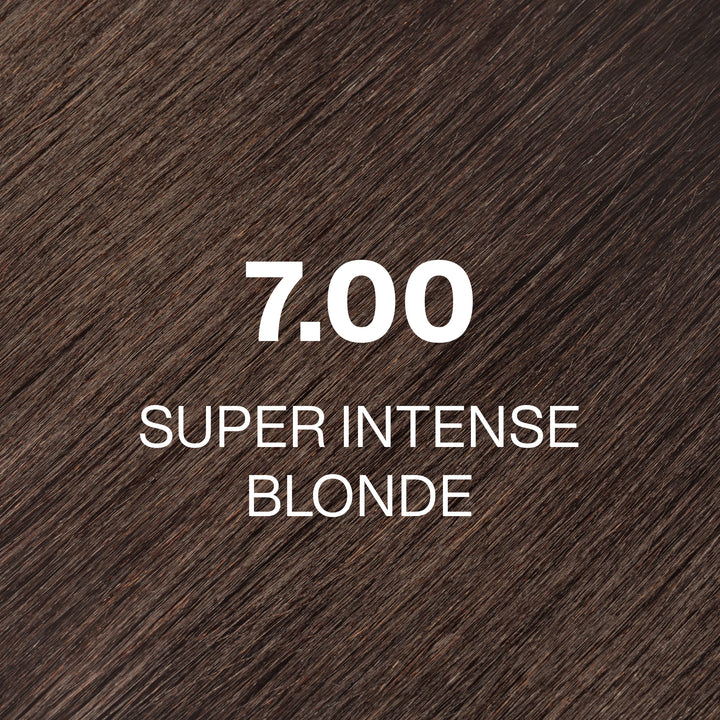 GK Hair Juvexin Cream Color 7.00 Super Intense Blonde swatch: sleek medium warm brown hair, code and name in white