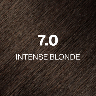 Silky hair texture showcasing the GK Hair's Juxevin Cream Color "7.0 Intense Blonde" in bold white text.