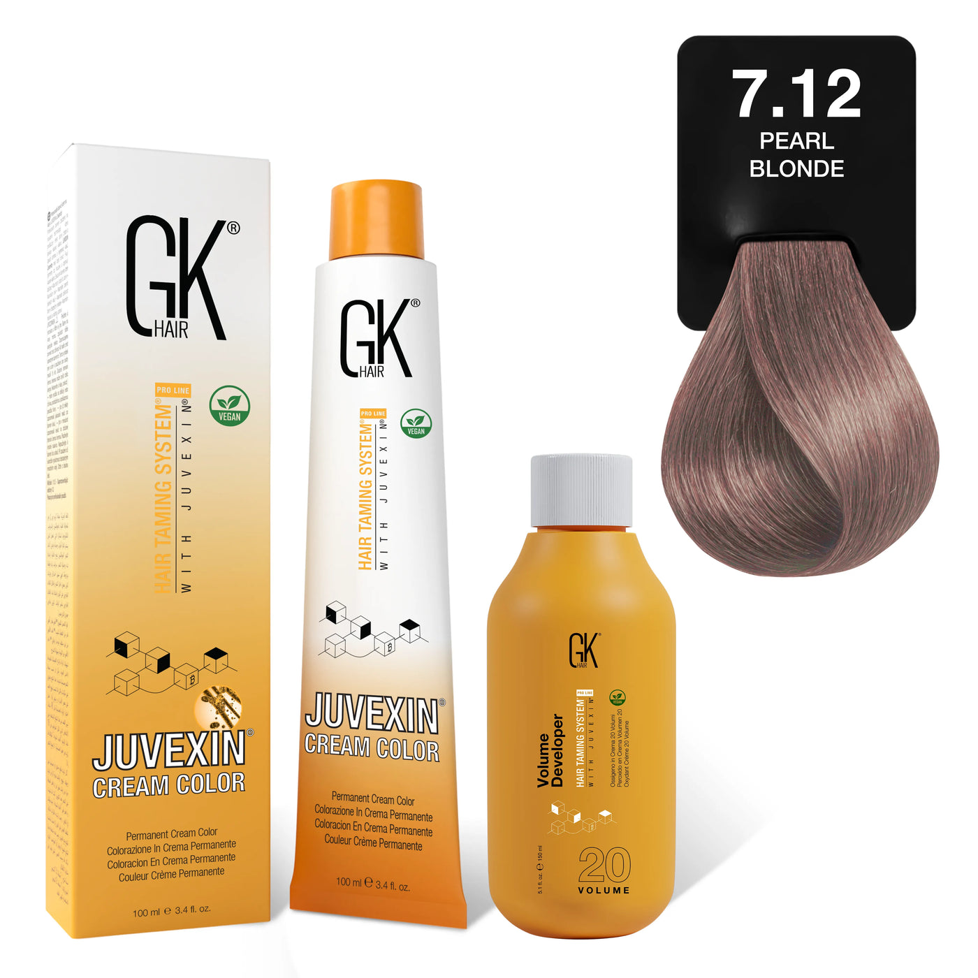 GK Hair's Juvexin 7.12 Pearl Blonde Cream Color product set including Volume Developer.