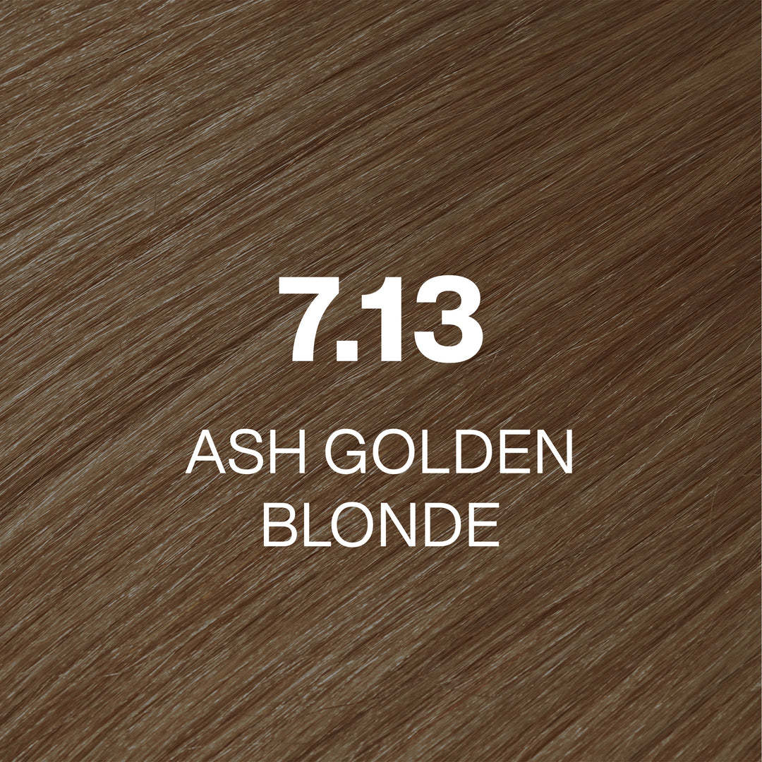 GK Hair Juvexin Cream Color 7.13 Ash Golden Blonde swatch: warm light caramel-brown hair, code and name in white