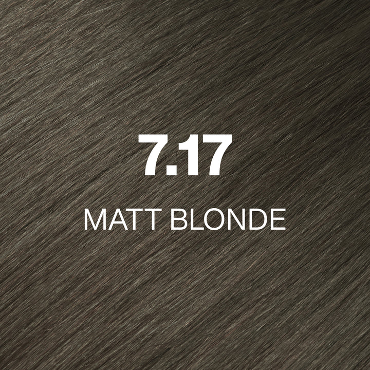 GK Hair Juvexin Cream Color 7.17 Matt Blonde swatch: cool olive-gray brown hair with the code and name in white text