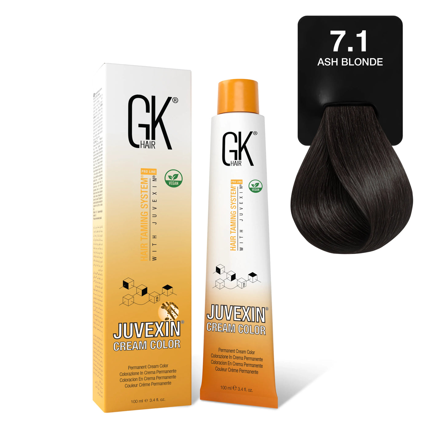 GK Hair's Juvexin 7.1 Ash Blonde Cream Color product set.