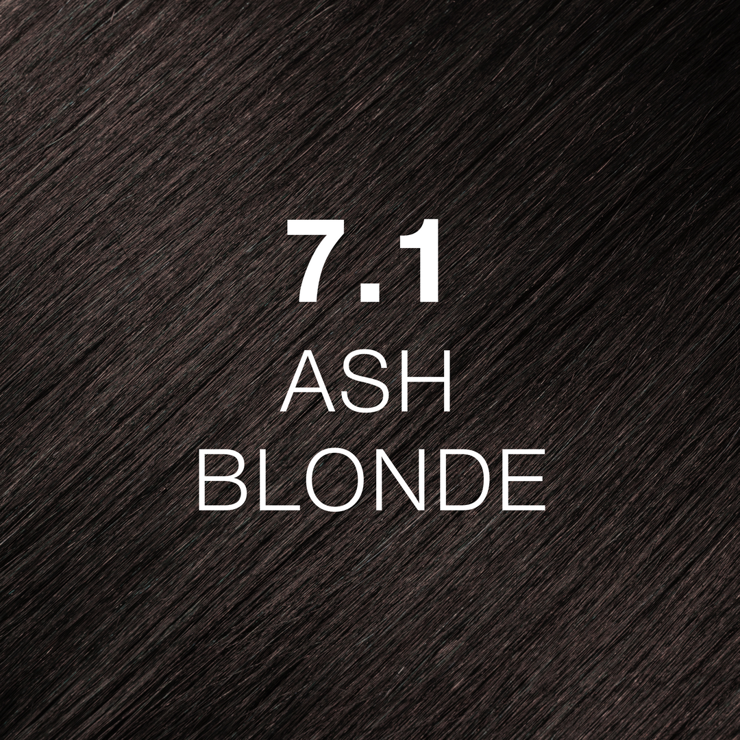 GK Hair Juvexin Cream Color 7.1 Ash Blonde swatch: very dark cool ash-brown hair with the code and name in white text