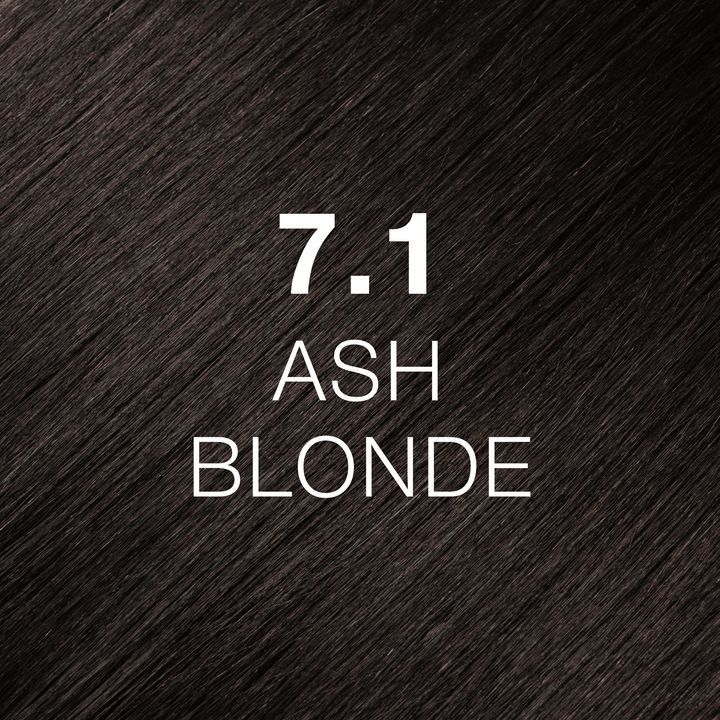 GK Hair Juvexin Cream Color 7.1 Ash Blonde swatch: very dark cool ash-brown hair with the code and name in white text