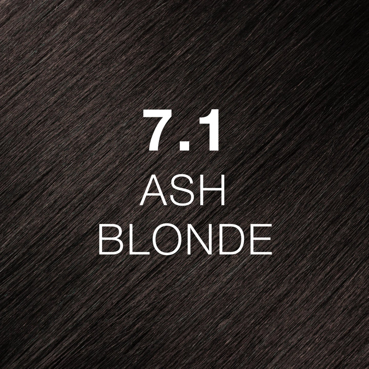 GK Hair Juvexin Cream Color 7.1 Ash Blonde hair swatch, near-black ashy brown strands, code and name printed in white