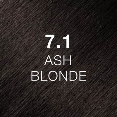 Silky hair texture showcasing the GK Hair's Juxevin Cream Color "7.1 Ash Blonde" in bold white text.