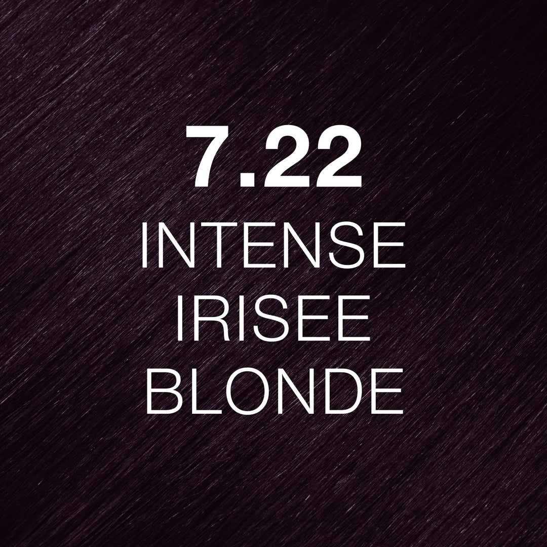 GK Hair Juvexin Cream Color 7.22 Intense Irisee Blonde hair swatch, dark aubergine-violet strands, white lettering