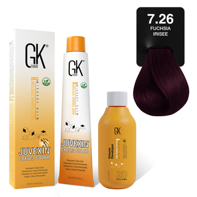 GK Hair's Juvexin 7.26 Fuchsia Irisee Cream Color product set including Volume Developer.