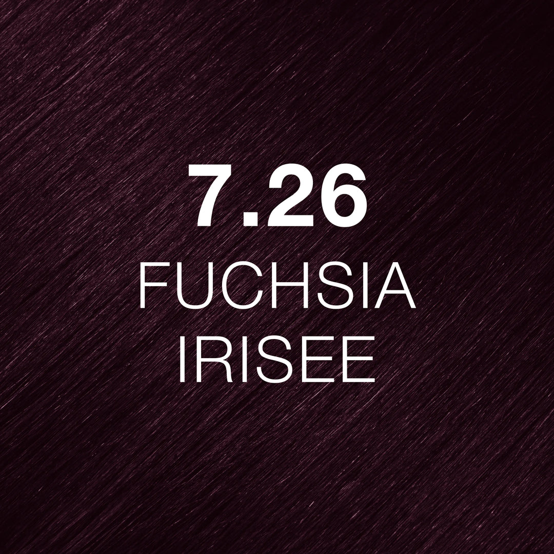 GK Hair Juvexin Cream Color 7.26 Fuchsia Irisee hair swatch, deep fuchsia-violet strands, code and name in white