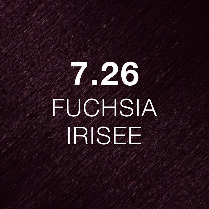 GK Hair Juvexin Cream Color 7.26 Fuchsia Irisee hair swatch, deep fuchsia-violet strands, code and name in white