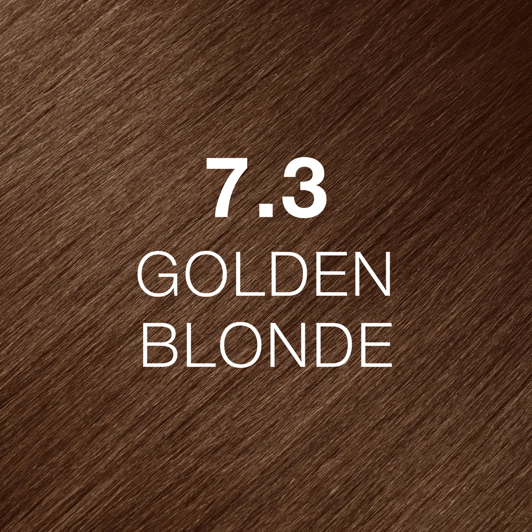 GK Hair Juvexin Cream Color 7.3 Golden Blonde hair swatch, glossy warm golden brown strands with white lettering