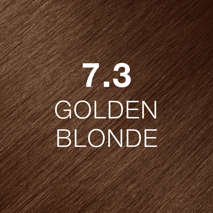 GK Hair Juvexin Cream Color 7.3 Golden Blonde hair swatch, glossy warm golden brown strands with white lettering