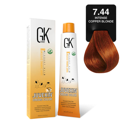 GK Hair's Juvexin 7.44 Intense Copper Blonde Cream Color product set.