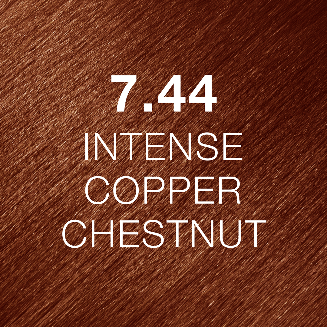 GK Hair Juvexin Cream Color 7.44 Intense Copper Chestnut swatch: rich red-copper hair, code and name in white text