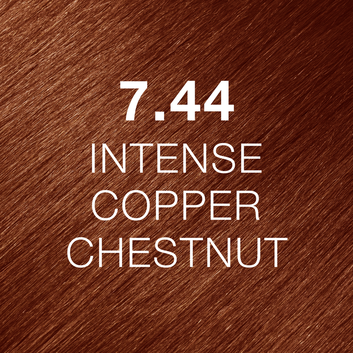 GK Hair Juvexin Cream Color 7.44 Intense Copper Chestnut swatch: rich red-copper hair, code and name in white text
