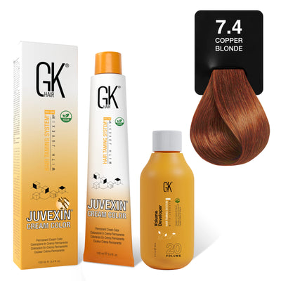 GK Hair's Juvexin 7.4 Copper Blonde Cream Color product set including Volume Developer.