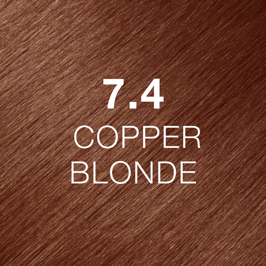GK Hair Juvexin Cream Color 7.4 Copper Blonde swatch: warm copper-brown hair with the code and name in white text