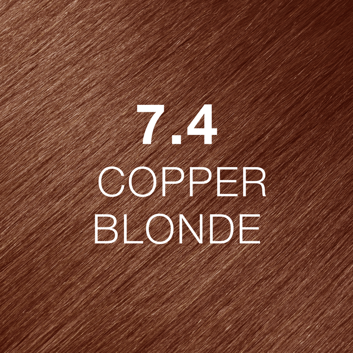 GK Hair Juvexin Cream Color 7.4 Copper Blonde swatch: warm copper-brown hair with the code and name in white text