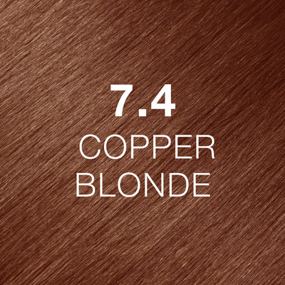Silky hair texture showcasing the GK Hair's Juxevin Cream Color "7.4 Copper Blonde" in bold white text.