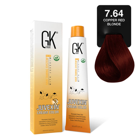 GK Hair's Juvexin 7.64 Copper Red Blonde Cream Color product set.