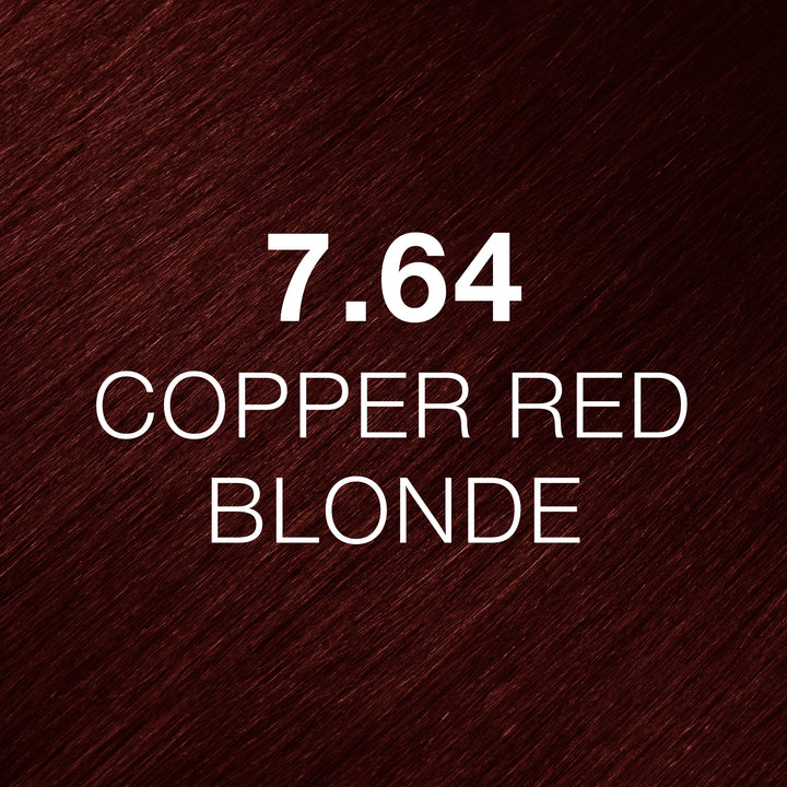 GK Hair Juvexin Cream Color 7.64 Copper Red Blonde hair swatch, dark copper-red strands with white lettering