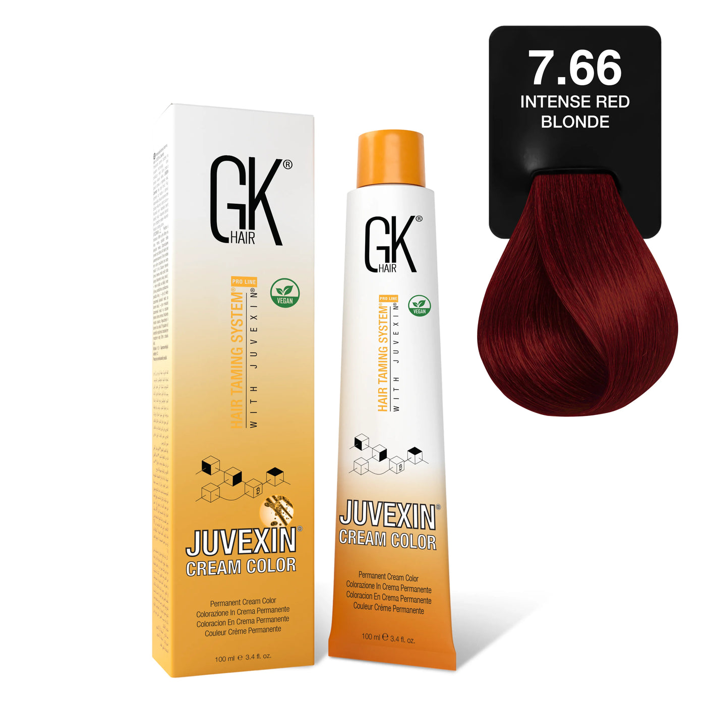 GK Hair's Juvexin 7.66 Intense Red Blonde Cream Color product.