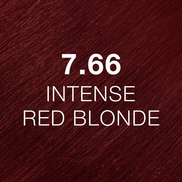 GK Hair Juvexin Cream Color 7.66 Intense Red Blonde swatch, glossy burgundy-red hair texture labeled in white text