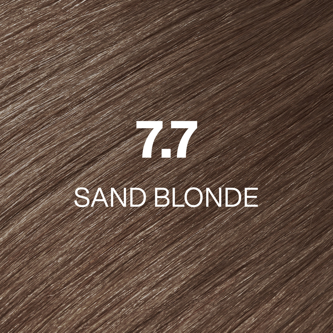 GK Hair Juvexin Cream Color 7.7 Sand Blonde hair color swatch: soft beige-brown strands, code and name in white
