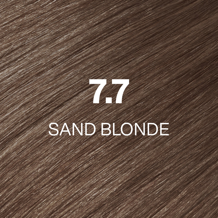 GK Hair Juvexin Cream Color 7.7 Sand Blonde hair color swatch: soft beige-brown strands, code and name in white