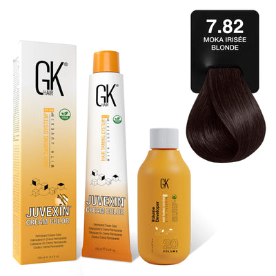 GK Hair's Juvexin 7.82 Moka Irisee Blonde Cream Color product set including Volume Developer.