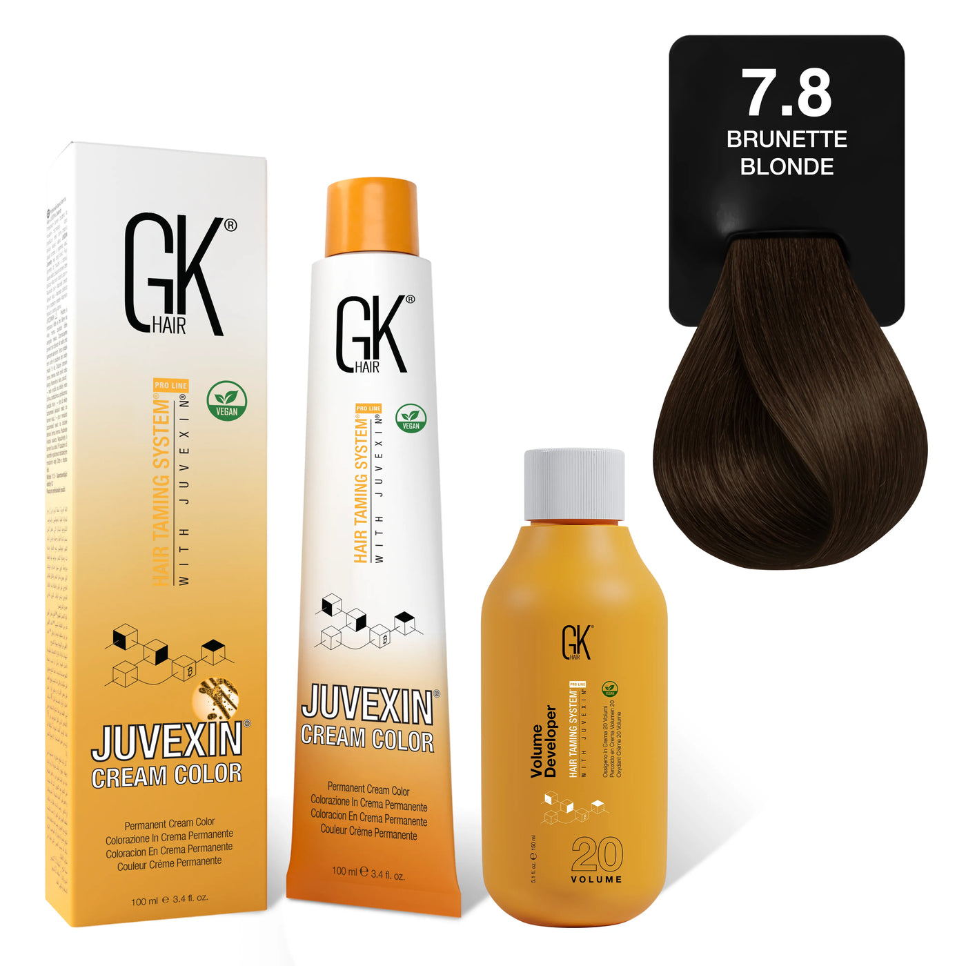 GK Hair's Juvexin 7.8 Brunette Blonde Cream Color product set including Volume Developer.