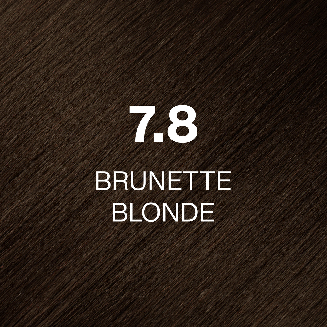 GK Hair Juvexin Cream Color 7.8 Brunette Blonde hair color swatch: dark chocolate-brown strands labeled in white